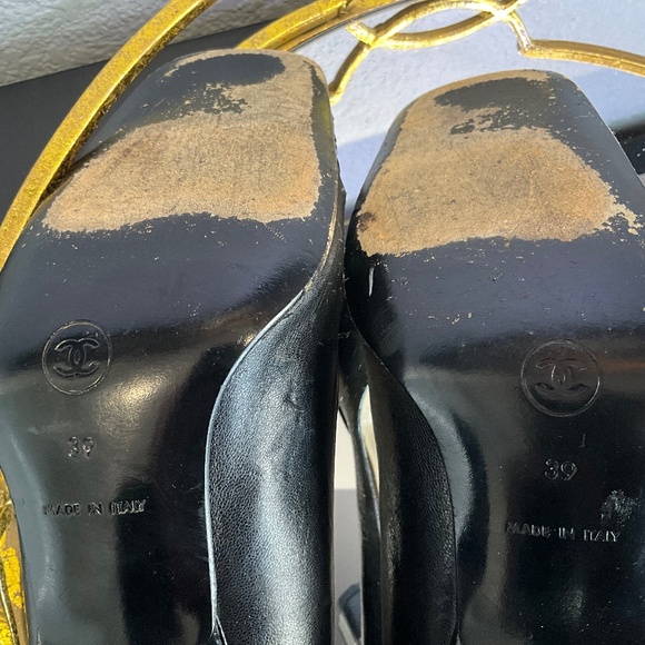 Vintage Y2K Authentic Chanel Square Toe Cylinder Heel Black Pumps Damaged 9B - Picture 7 of 14